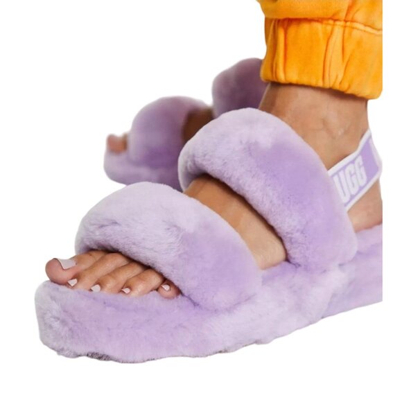 New UGG 6 Slippers Oh Yeah Womans Double Strap Sheep Fur Sandal Open Toe Shoes - Picture 1 of 16